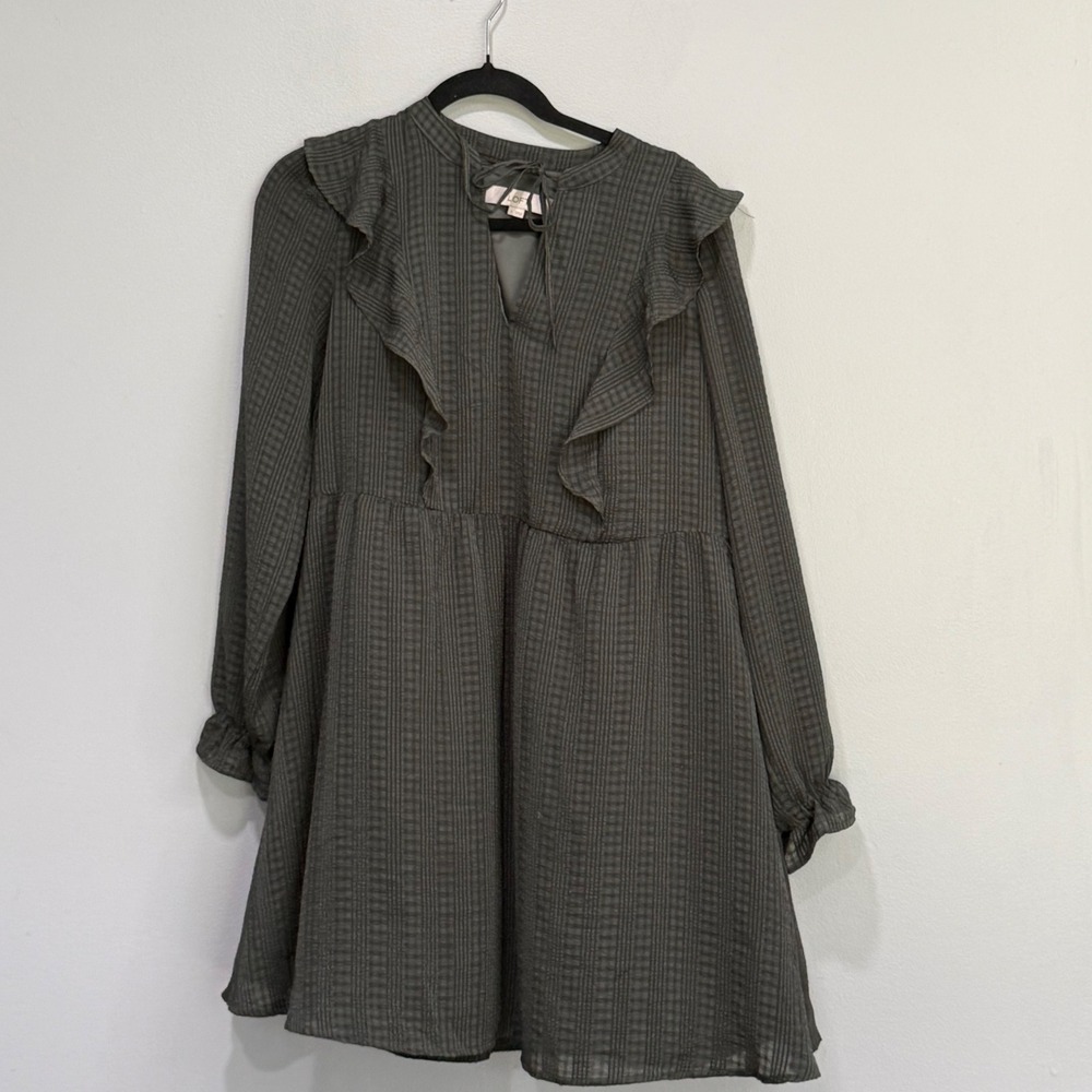 Loft Dark gray Ruffle Dobby Grid Long Sleeve Mini Dress Small